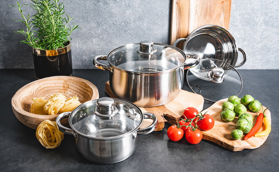 Набір каструль Karl Hausmann з нержавіючої сталі (індукційні) 3 шт. - для всіх типів плит - з кришкою з термостійкого скла - з мірною шкалою