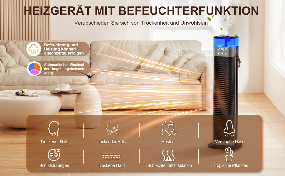 Електричний обігрівач з підігрівом, 2000W, PTC керамічний, з функцією зволоження, пульт дистанційного керування, 75° осциляція, 3 режими підсвічування, ECO-режим, захист від перегріву та перекидання, таймер 12 год