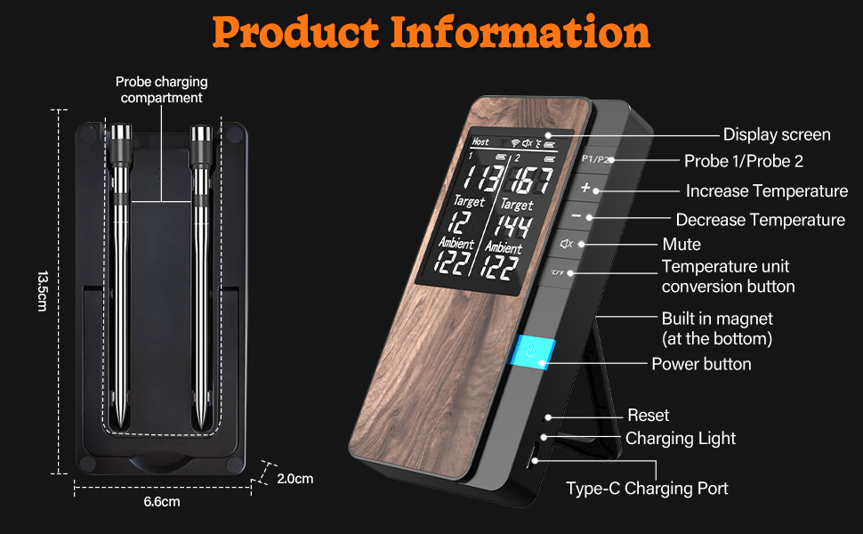 Бездротовий термометр для м'яса Pakinui з двома зондами, Bluetooth, IP67, для гриля, духовки, коптильні