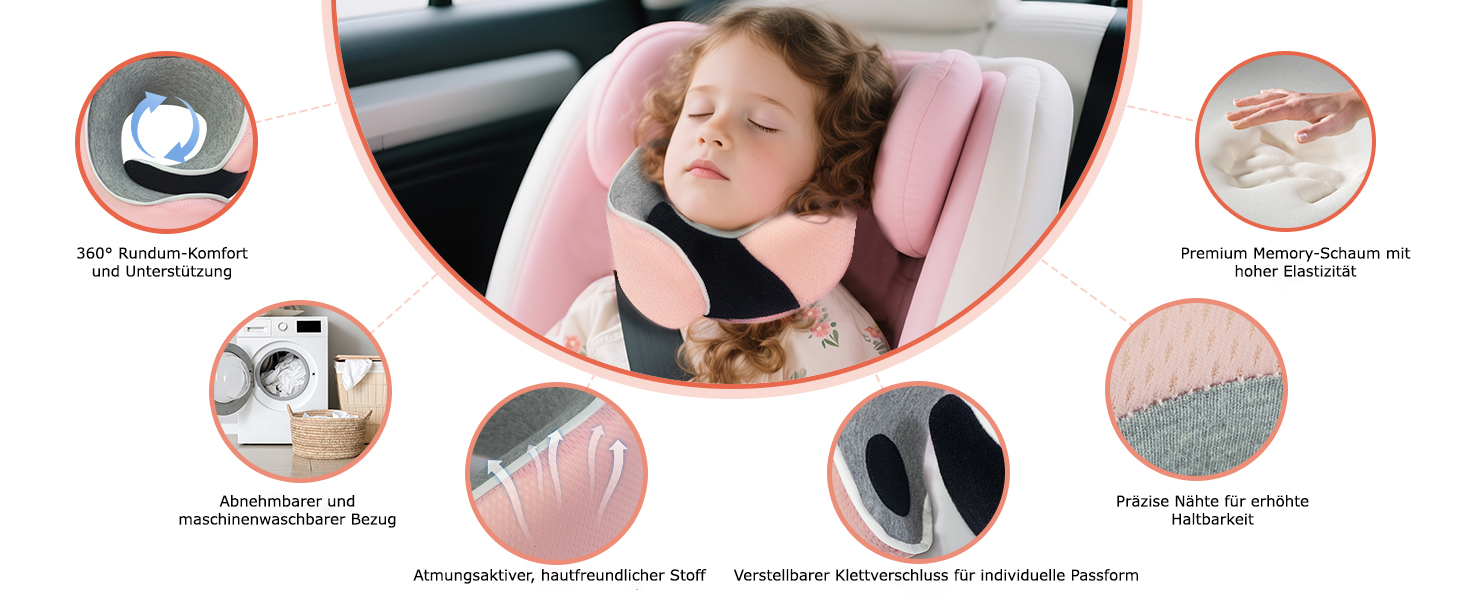 Подушка для шиї ProGlobe, 100% Memory Foam, ортопедична, для подорожей (літак, авто, поїзд), з маскою для сну, сітчаста сумка (світло-рожева)