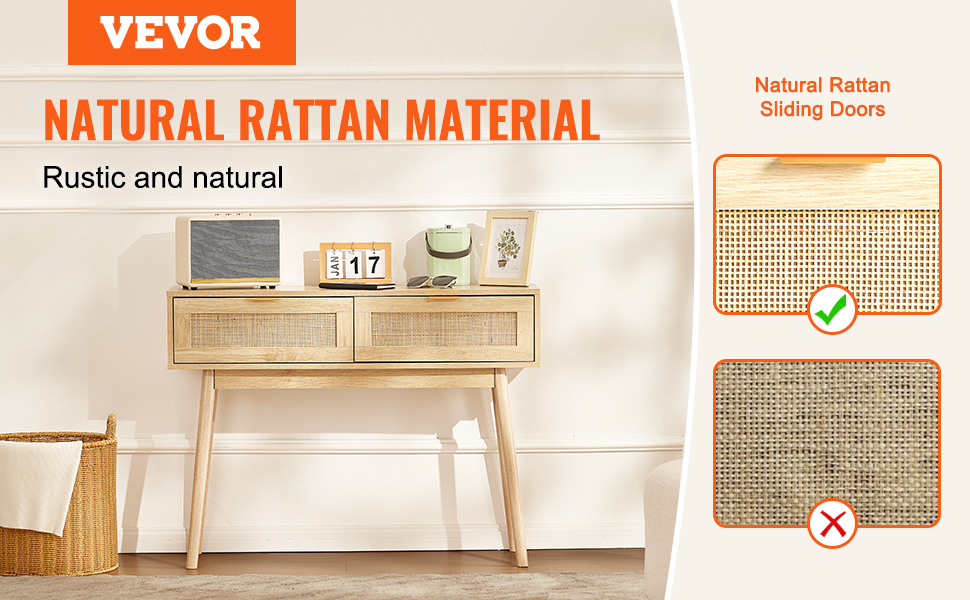 Консольний столик VEVOR з ротангу з 2 шухлядами, бежевий | для вітальні, робочого кабінету, передпокою