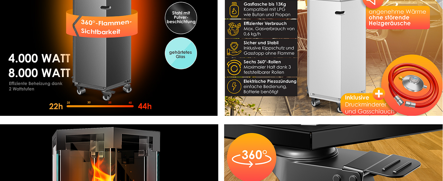 Газовий обігрівач KESSER® 4/8 кВт з П'єзозапалюванням, регулятором тиску газу та захисним кожухом. 360° обертання, захист від перекидання. Підходить для тераси, вулиці. Колір: антрацит.