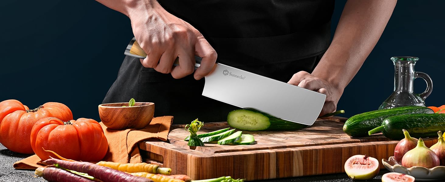 Набір ножів Sunnecko 6 шт. з підставкою – кухонний набір ножів, кухонні ножі з ергономічними ручками, гострими лезами, підставка з нержавіючої сталі та акації