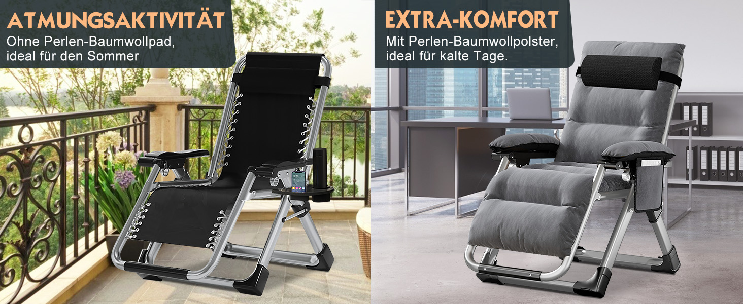 Лежак для відпочинку MOPHOTO Zero Gravity - розкладний, 200 кг, з подушкою та кишенею, для саду, балкону, тераси (сірий)