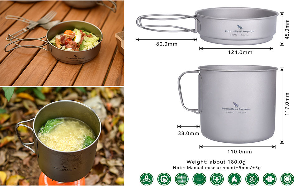 Набір посуду iBasingo Titan Becher Pfannen Set: 1100мл та 300мл для кемпінгу, туризму та пікніків. Легкий та компактний посуд з нержавіючої сталі з ручками-складанням. Набір для однієї людини Ti2053C