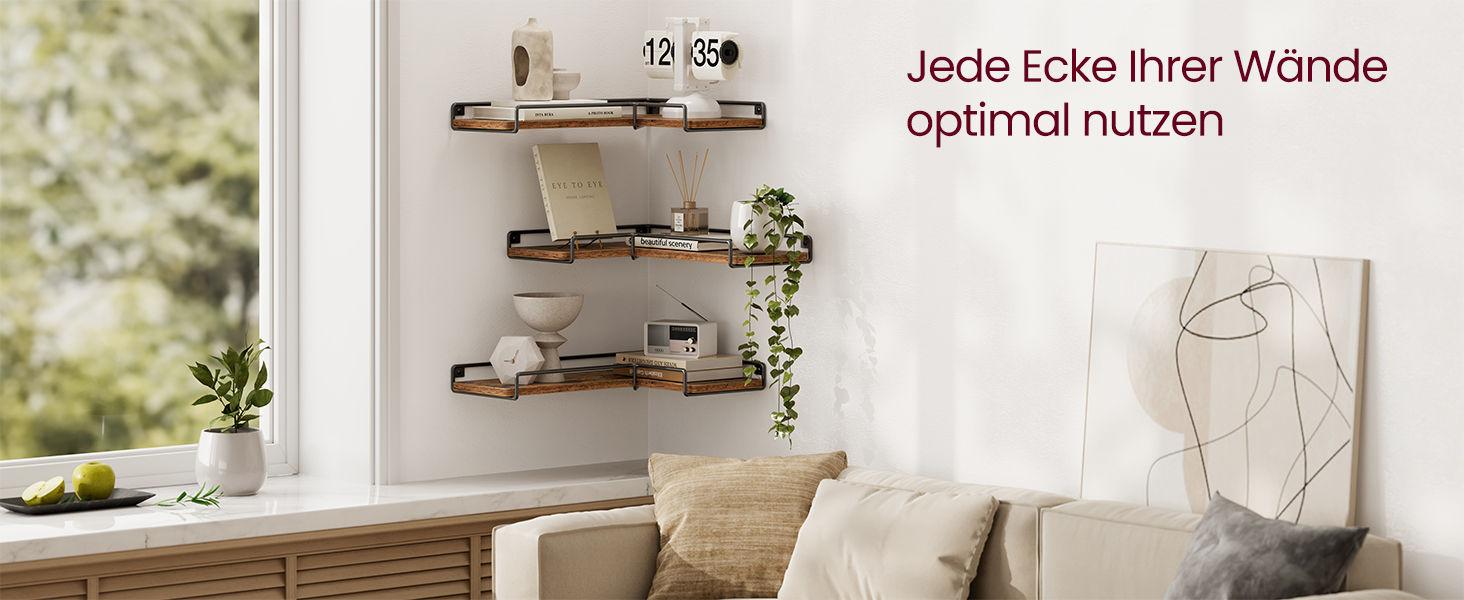 Набір кутових настінних полиць VASAGLE L-подібні, індустріальний стиль, для вітальні, спальні та кухні, вінтажний коричневий та чорний, 3 шт. (LLS831B01)