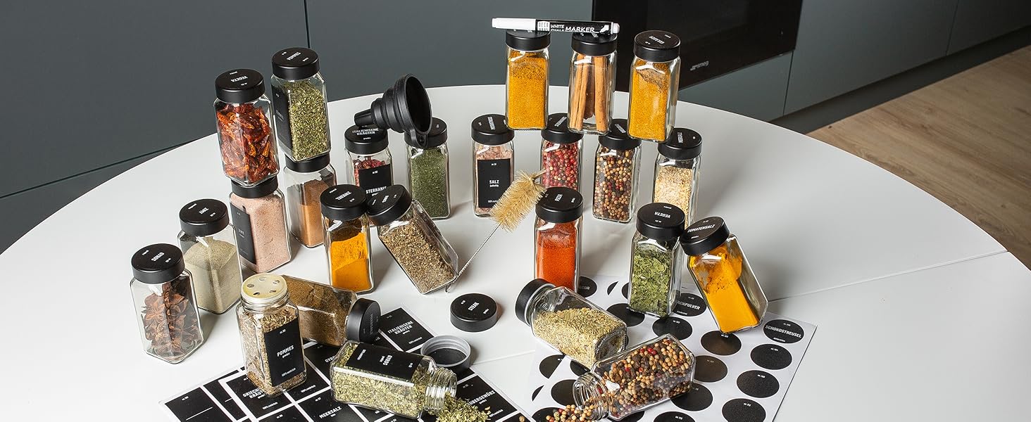 Набір банок для спецій Deco haus® (36 шт.) з кришками чорного кольору, з мірною ложкою та етикетками
