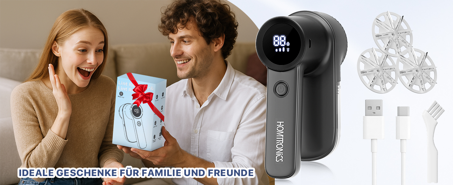 Машинка для видалення ковтунців електрична Homtronics з LED-підсвіткою, USB зарядка, 3 швидкості, чорна
