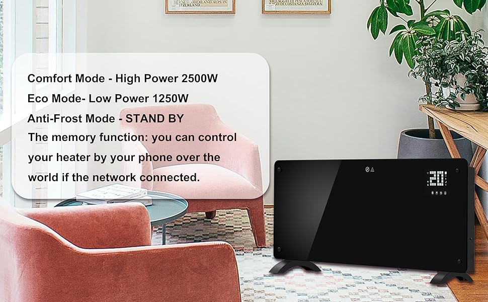Конвектор DONYER POWER 2500W з Wi-Fi, чорний, настінний/підлоговий, таймер, пульт, 2.5 кВт