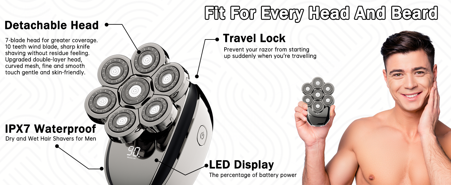 Електрична чоловіча бритва IPX7, 7-кратна поворотна головка, волога/суха, LCD, для лисини та бороди
