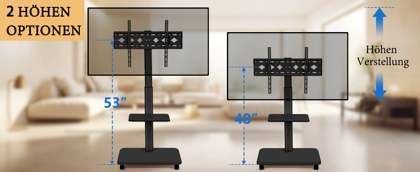 Мобільний телевізійний тумба Hellsehen для LED/LCD/OLED TV 32-70 дюймів (до 45.4 кг), чорна, з регулюванням висоти та фіксаторами коліс