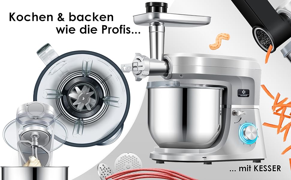 Кухонна машина KESSER 3 в 1 KM 3000 з м'ясорубкою, міксером та соковитискачем, 5.5л чаша, набір аксесуарів для пасти та випічки (срібна)