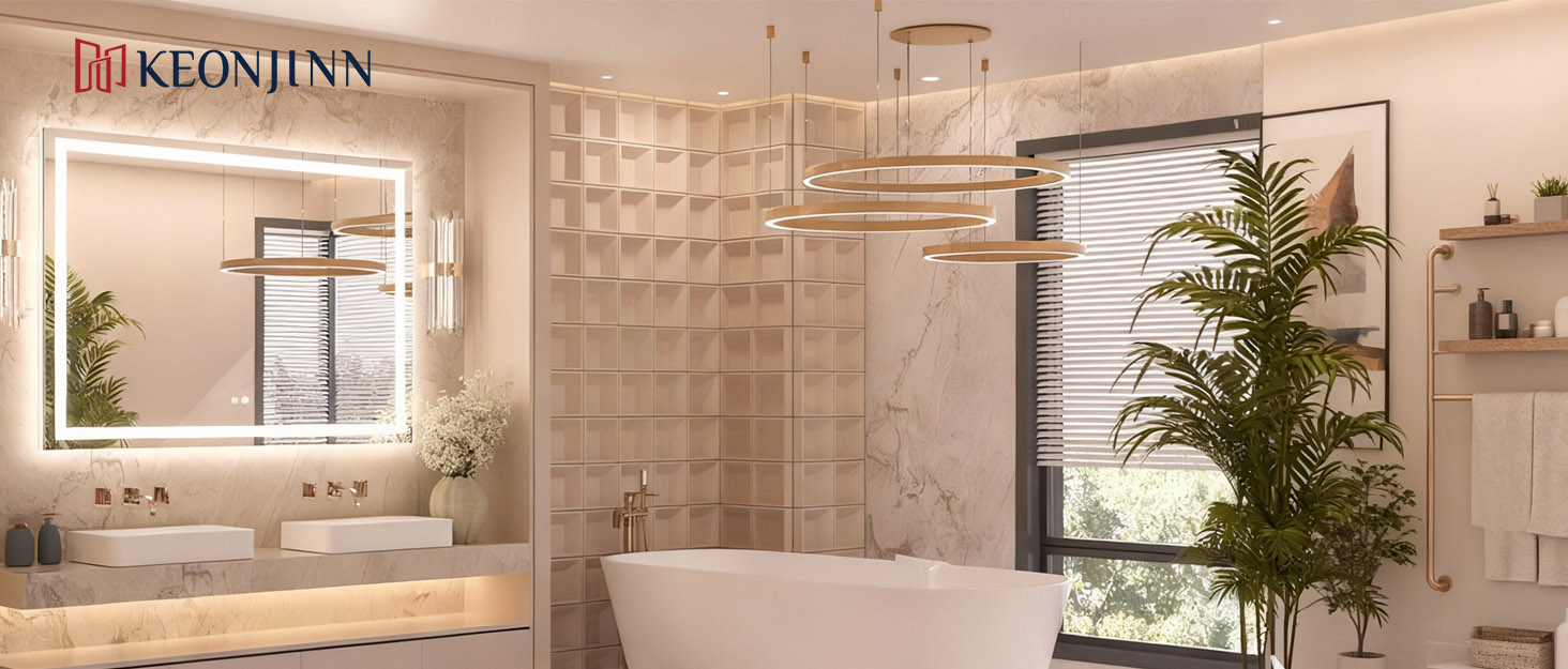 Дзеркало для ванної кімнати Keonjinn з підсвічуванням 50x70 см, без запотівання, LED, сенсорне керування, 3 кольори, регулювання яскравості, пам'ять, без рамки