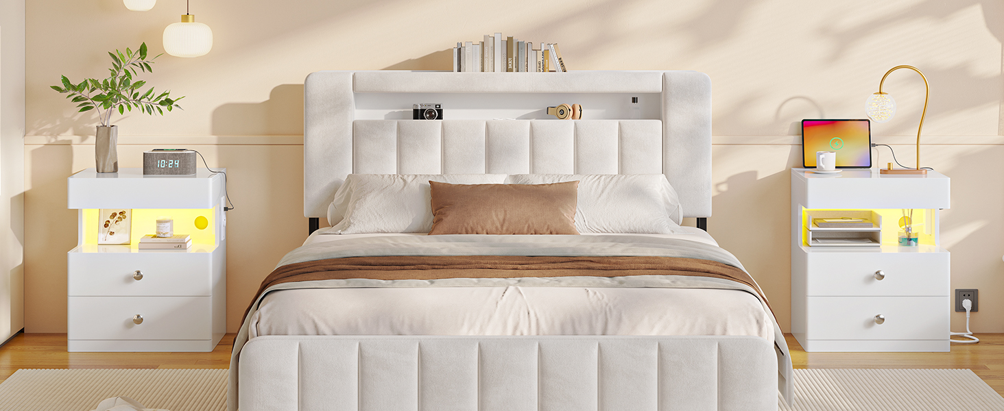 Нічний столик AOGLLATI з секретною поличкою, розеткою та LED-підсвіткою. 2 шухляди, висувний ящик, полиця. Білий, 40x35x59 см