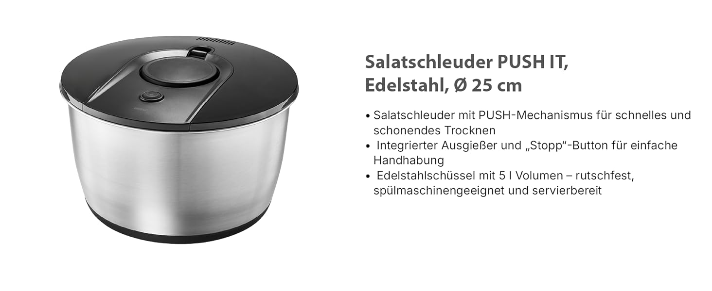 Салатниця GEFU з кришкою для зберігання, 3л, пластикова чаша з вбудованим ситом та ручним приводом, чорно-сіра