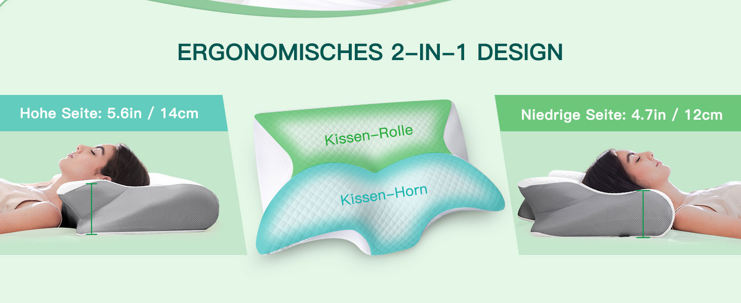 Подушка для шиї з піни Memory Foam 2-в-1, ергономічна, 60x40x12/14 см, сіра - для сну на спині, боці та животі