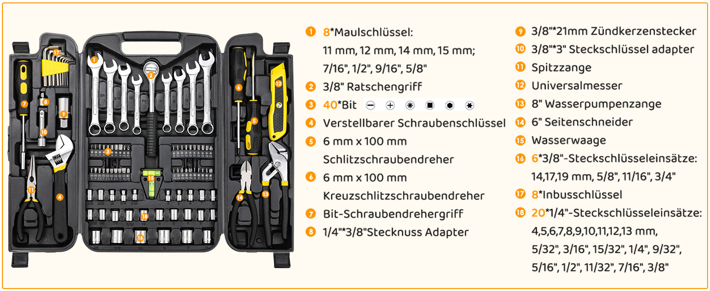 Набір інструментів 95 предметів у пластиковому кейсі Werkzeugkoffer: викрутки, головки, тріскачки для дому, авто, гаража (жовтий)