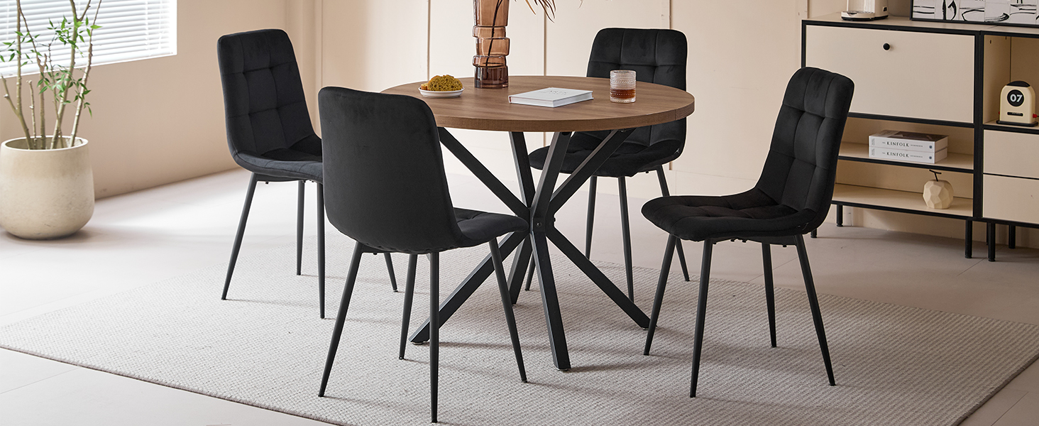 Обідній комплект на 5 персон: круглий стіл 100 см + 4 стільці (голландський флізелін), для кухні, вітальні, балкону, ресторану, офісу (темне дерево + чорний колір)