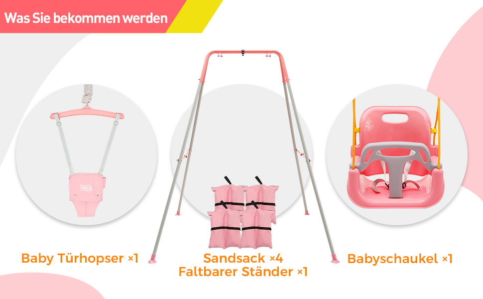 FUNLIO Набір гойдалок 2-в-1 та дверний хопер для малюків, гойдалка для дітей з 4 мішками з піском, складаний металевий стійкий каркас для використання в приміщенні та на вулиці, легко збирається та зберігається - (Рожевий)