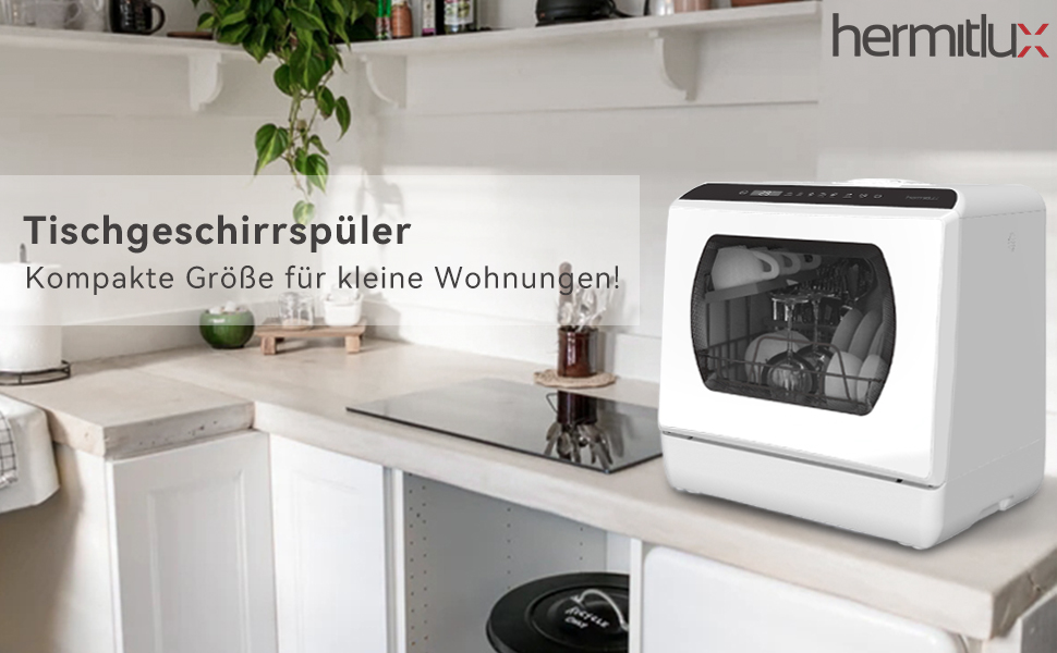 Компактна посудомийна машина Hermitlux Mini на 5 комплектів посуду (5л бак), портативна посудомийна машина з 6 програмами та 360° розпилювачами | З функцією сушіння гарячим повітрям | Клас енергоефективності D | Без встановлення, скляні дверцята