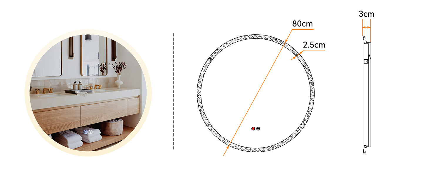 Дзеркало для ванної кімнати HOROW Кругле з підсвіткою 80см LED, регульоване, антизапар, без рами, IP44, 80x80 см