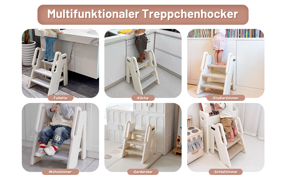 Дитячий триступеневий стільчик Funecho з регулюванням висоти, ручками та антиковзними сходинками. Легкий пластиковий дизайн для ванної кімнати, кухні та безпеки (Верблюд)