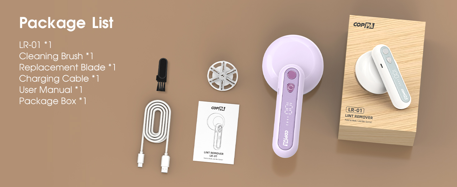 Електричний видальник ворсу COPPA з 6 лезами, 3 швидкості, перезаряджається, портативний, з індикатором заряду, для одягу (білий/фіолетовий)
