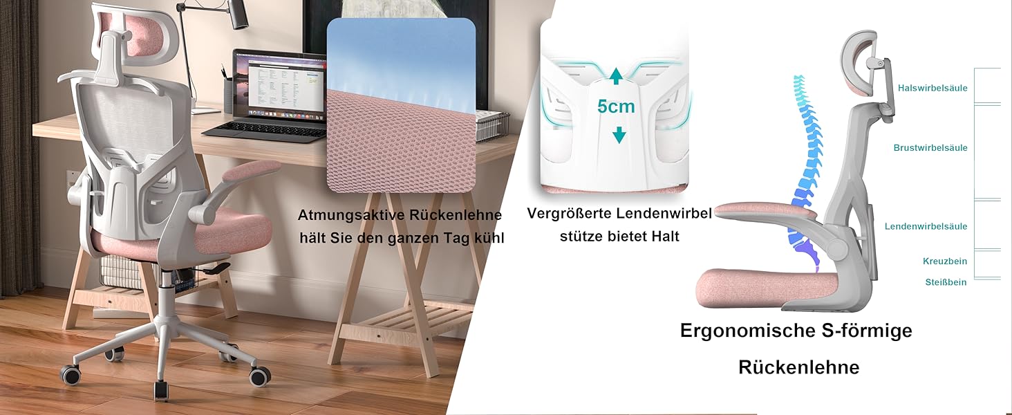 Ергономічне крісло для офісу з регульованою підголівником та поперековою підтримкою – високе офісне крісло з сітчатим спинком та м'яким сидінням, вішалка для одягу та функцією блокування (білий та рожевий)