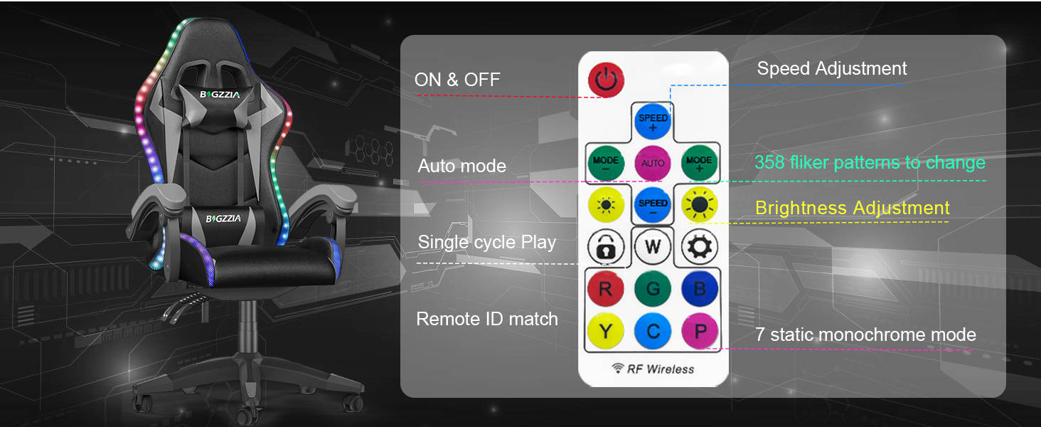 Ігрове крісло bigzzia зі світлодіодом - ергономічне, регульоване по висоті комп'ютерне крісло RGB, чорно-сіре