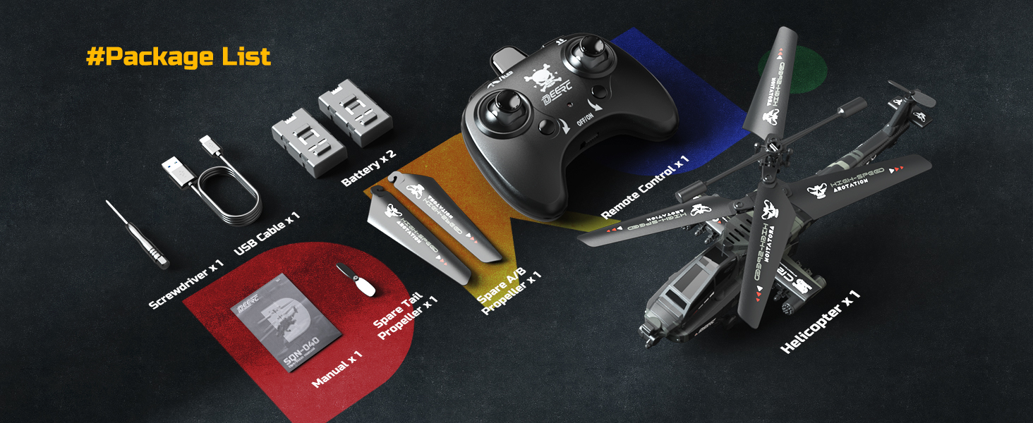 Радіокерований вертоліт DEERC Apache 2.4GHz, 2 акумулятори, 26 хв польоту, LED, стабілізація висоти, автоматичний зліт, чорний – ідеальний подарунок для хлопчиків