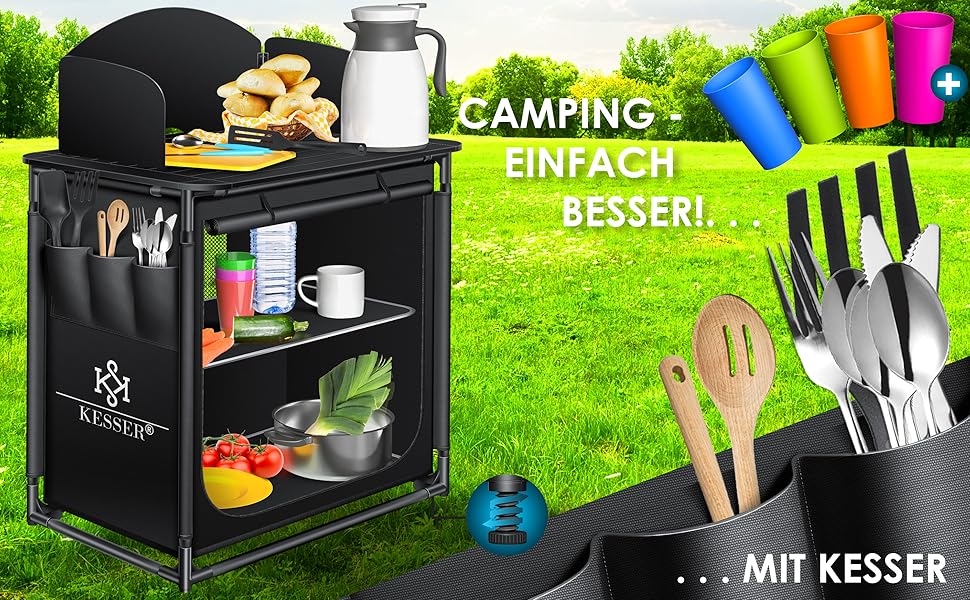 Кемпінгова кухня KESSER® | З сумкою та набором посуду | Складаний шафка для кемпінгу | Алюмінієвий каркас | Похідна кухня | Кухонна коробка | Шафка для намету | Чорний/Чорний (Тип F2, Чорний / Чорний)