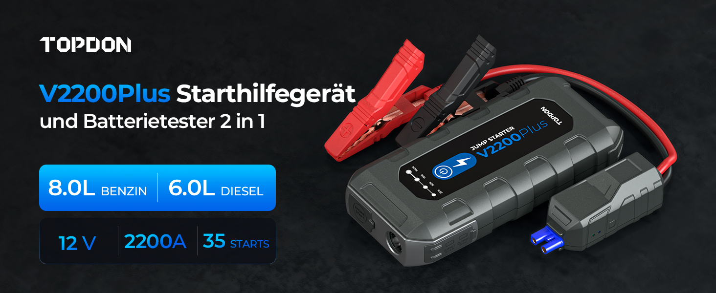 Пусковий пристрій TOPDON V2200 Air Jump Starter з компресором 150 PSI, бустер для авто (бензин 8L, дизель 6L), павербанк 2200А з LED-ліхтарем