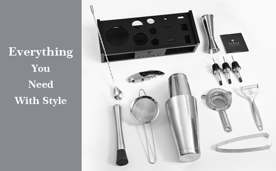 Набір для коктейлів 15 предметів: шейкер бостонський, джигер, сито, відкривачка, ложка для коктейлів - Барменський набір для приготування коктейлів