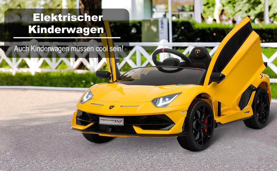 Електромобіль для дітей HOMCOM Lamborghini SVJ, ліцензія, 12V, металевий, жовтий, з дистанційним керуванням, музика, USB, для дітей 3-8 років