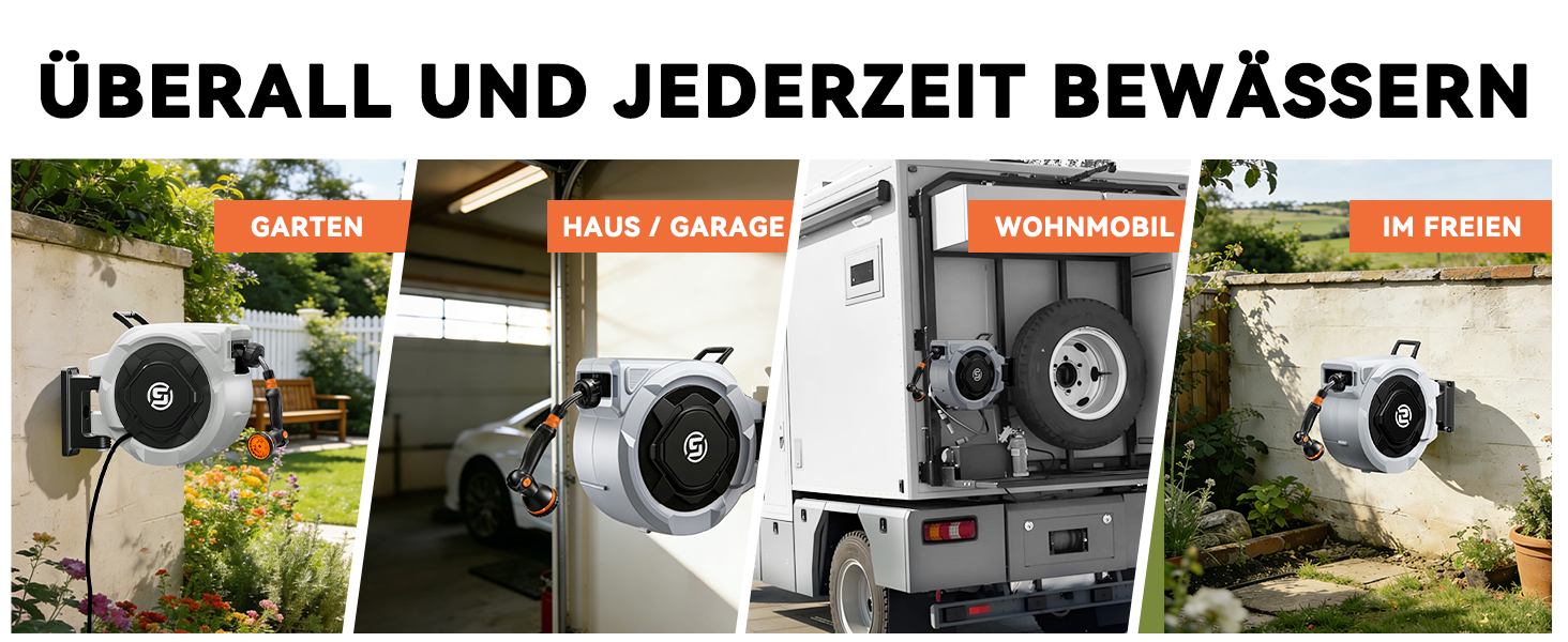 Шланговий барабан SUNPOW настінний 30м для саду, тераси та двору. Автоматичний намотувач шланга 16 мм з фіксацією, поворотна стійка 180°, 10-функціональна насадка для поливу.