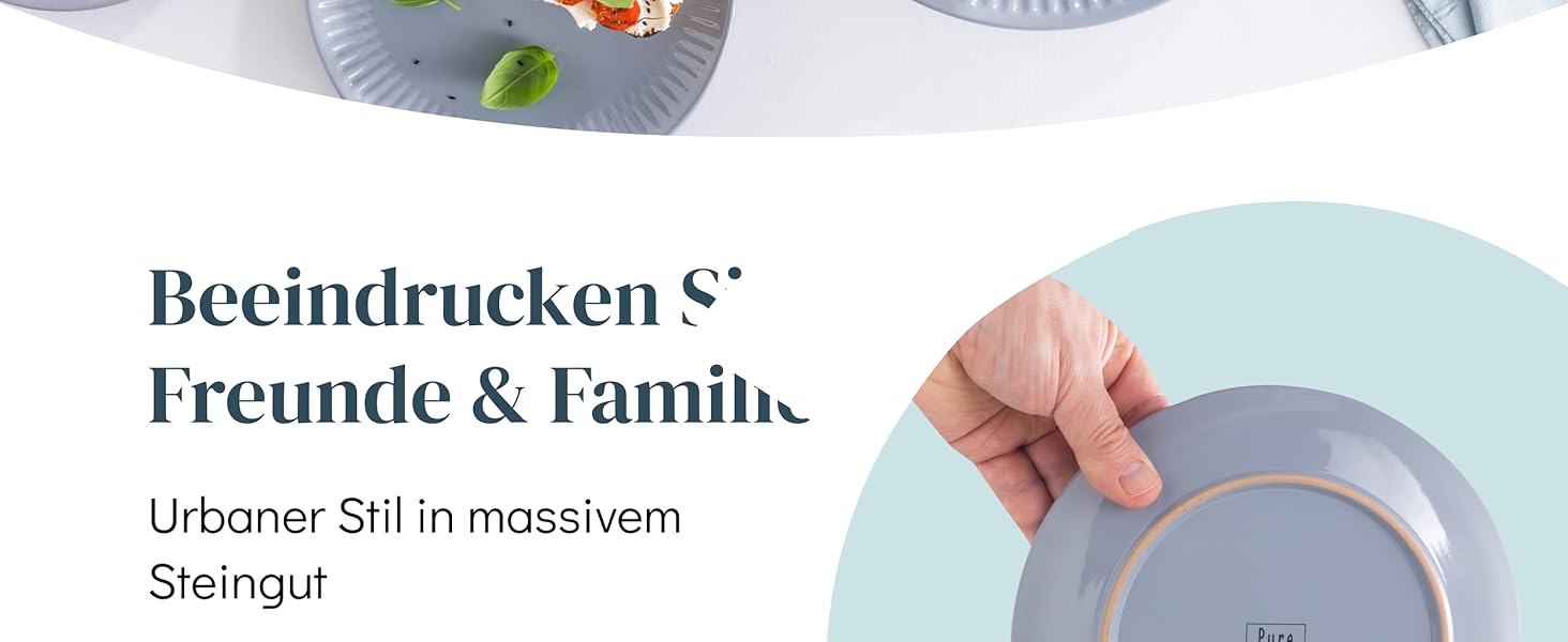 Набір посуду Steingut Hygge 24 елементи (6 осіб), сіро-блакитний колір, преміум якість, комплект посуду для сервірування столу