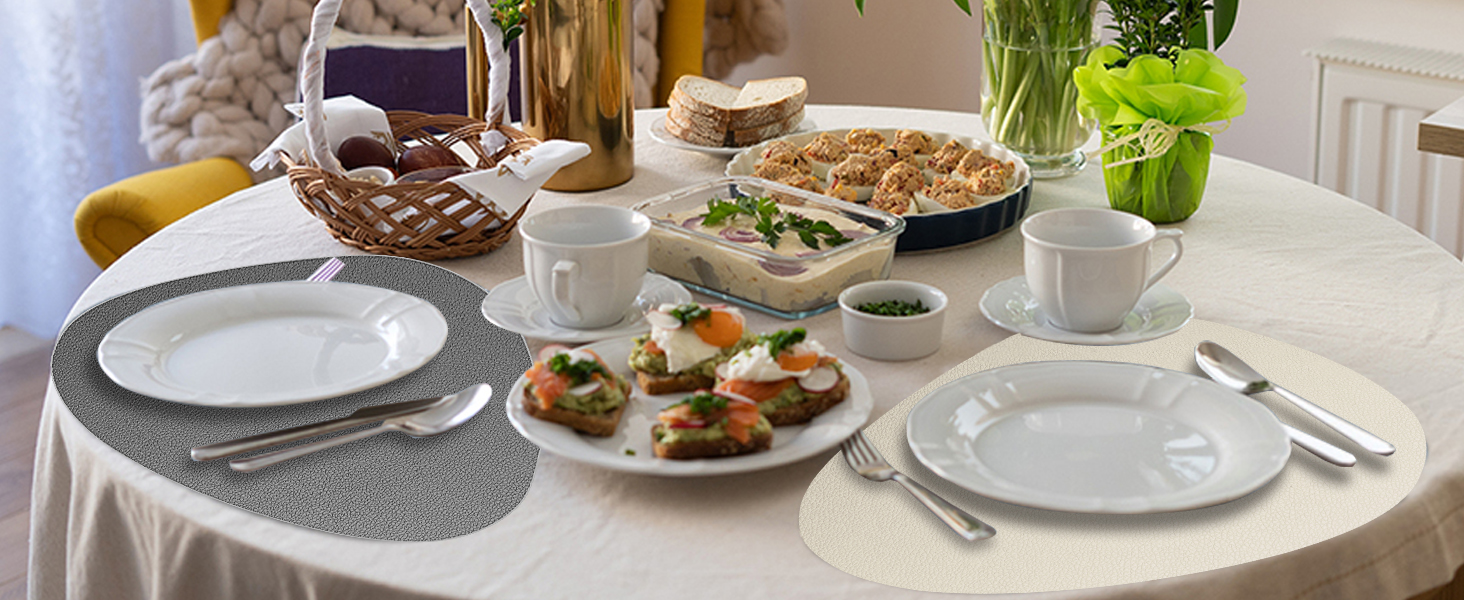 Набір з 6 підставок під тарілки, миючіся з підставками, двосторонні, з імітацією шкіри, водонепроникні для столу, кухні, ресторану та дому (6 шт., бежево-сірі)