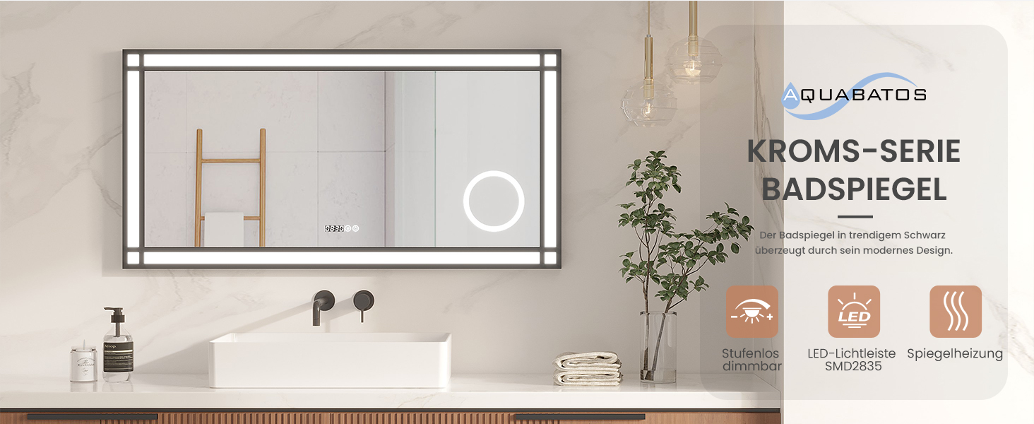 Дзеркало для ванної кімнати AQUABATOS LED з підсвічуванням 50x70 см, імітація вікна, сенсорне регулювання, протитуманне покриття, чорний алюмінієвий каркас, індустріальний стиль, холодний білий світлодіодний дзеркало