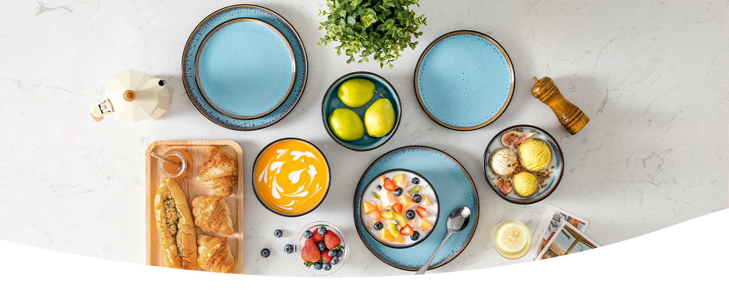 Набір посуду Vancasso AMBER на 12 осіб, 48 предметів: тарілки обідні, десертні, супові, миски (блакитний, реактивна глазур, для посудомийної машини)