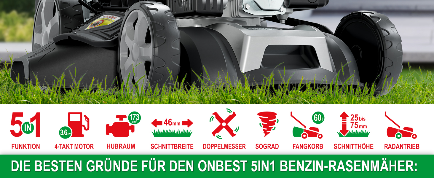 Бензиновий газонокосарка 5-в-1 з потужним двигуном 4.9 PS, 4-тактний, об'єм 173 см³, ширина косіння 46 см, 60л травозбірник, Radantrieb, комплект для мульчування та бічний викид