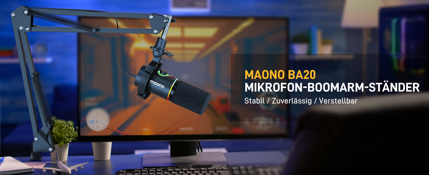 Мікрофон Maono з кріпленням-стійкою для подкастів, геймінгу, стрімінгу та запису - BA20, чорний