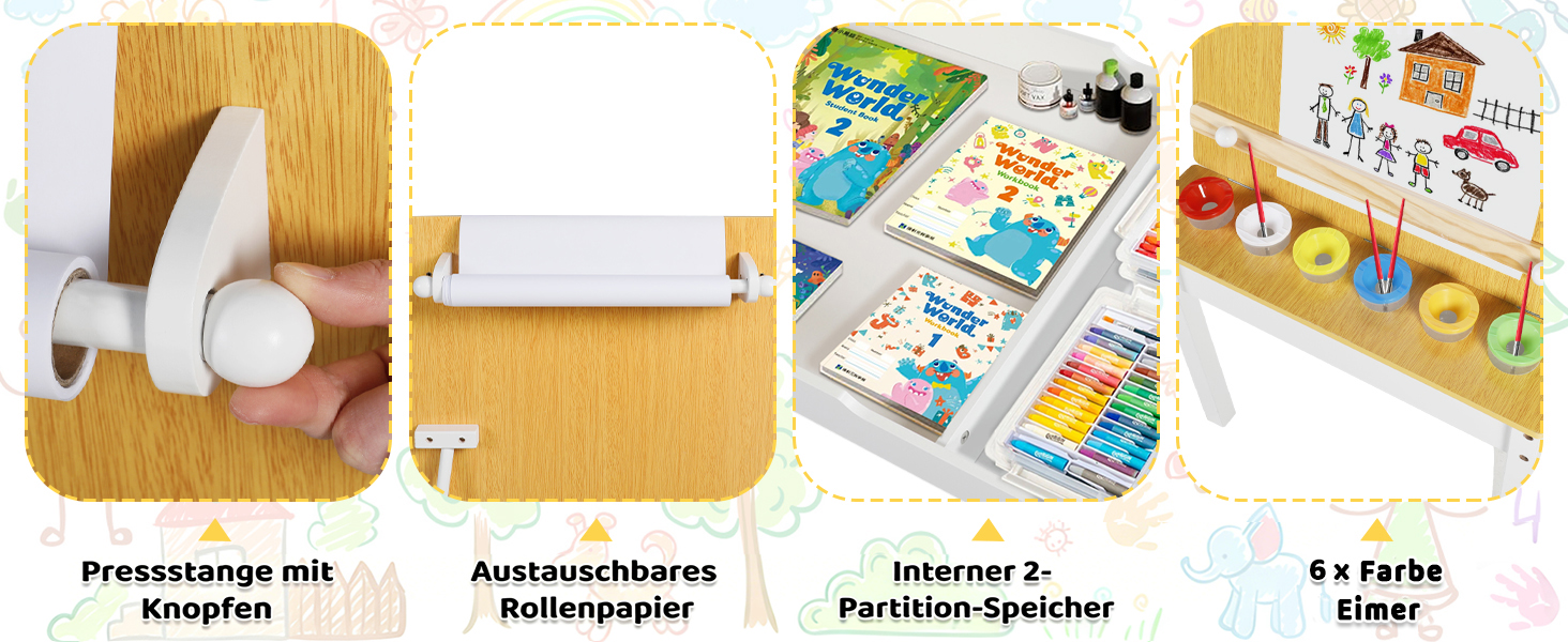 Дитячий стіл Kinder-Kunsttisch Set з 2 стільцями - дерев'яний набір для творчості для малюків з регульованою стільницею, відрами для пігментів та 8 тканинними ящиками для зберігання (Натуральний)