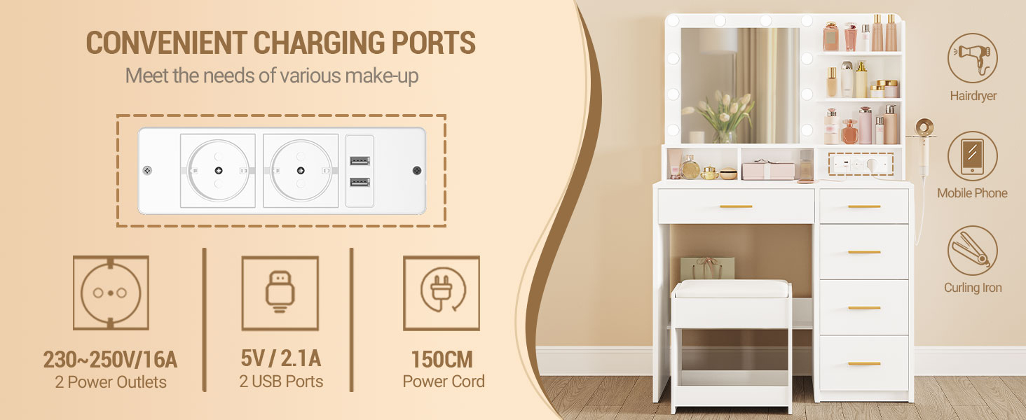 Дзеркальний туалетний столик Hzuaneri з LED-підсвіткою (10 LED), пуфом, великим дзеркалом, тримачем для фену та шухлядами, білий DT39003X