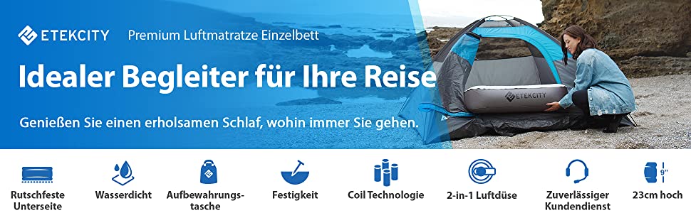 Надувне ліжко ETEKCITY EAM-ET2 для 1 особи - односпальне надувне ліжко для кемпінгу та відпочинку на природі (203 x 152 x 46 см, біле)