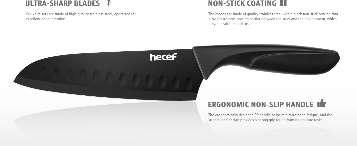 Набір кухонних ножів Hecef 15 предметів з бруском, чорний колір, антипригарне покриття, можна мити в посудомийній машині, самозаточуваний брусок, ергономічні ручки, набір ножів для кухні для початківців та кулінарів-ентузіастів (3 шт)