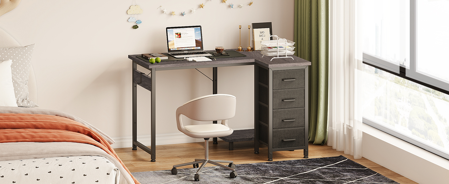 Комп'ютерний кутовий стіл Coleshome 120x70 см з 4 шухлядами, сірий, для офісу/кабінету/спальні