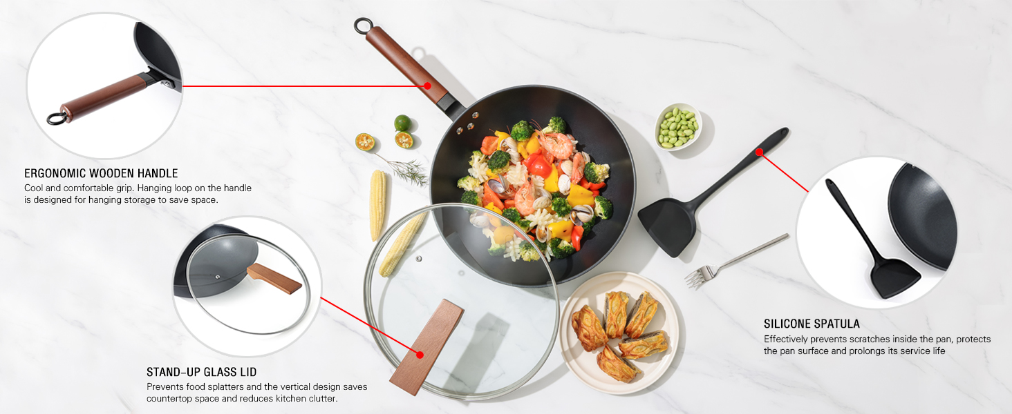 Кордісен Вок з антипригарним покриттям 33 см, 5.6 л з кришкою, без хімічного покриття, попередньо приправлений, підходить для індукційних, електричних та газових плит