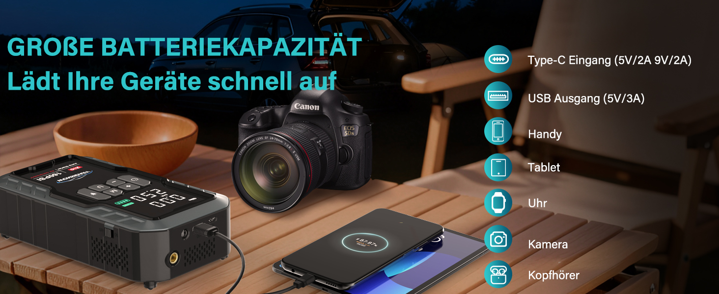 Powerbank Starthilfe 7000A для автомобіля: 27000 mAh, 160 PSI, компресор, LED-ліхтарик, для 12V бензинових та дизельних двигунів (до 8.0L)