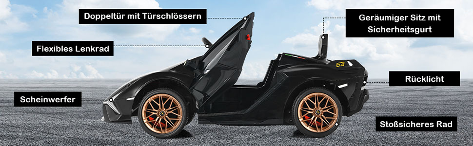 Дитячий електромобіль Lamborghini 12V з пультом, ременем безпеки, світлом, музикою і сигналом, жовтий – електрокар для дітей від 3 років