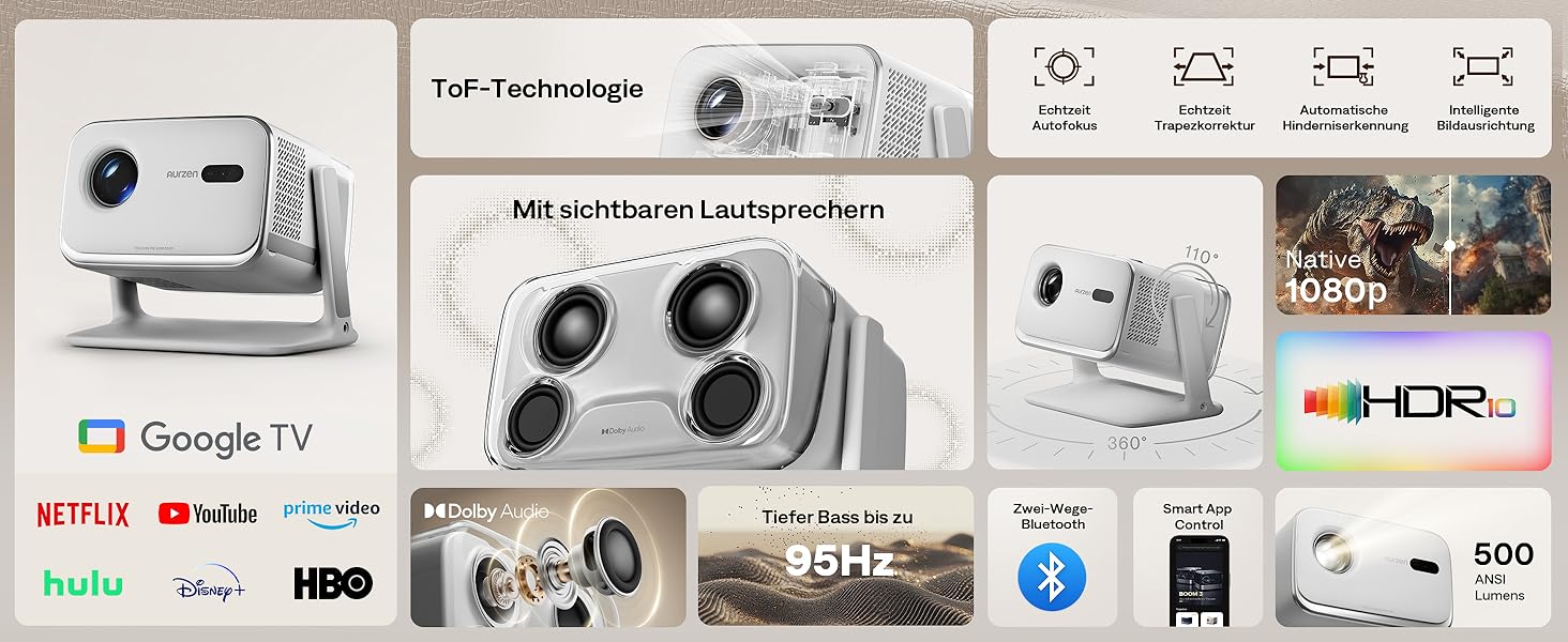 Aurzen Boom Mini 4-в-1 Smart Beamer з Google TV, 4K, проєктор для дому та на вулицю, 20W Dolby Audio, 500 ANSI, автофокус ToF, корекція трапеції, Wi-Fi/Bluetooth, сумісність з мобільним телефоном (сірий)